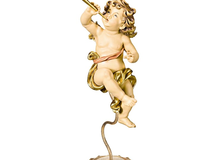 Angel sculpture, putto with trumpet on a pedestal, carved in Valgardena wood and hand-decorated, handcrafted in Italy