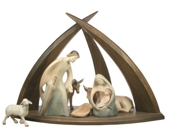 Nativity scene carved in Valgardena wood, 8 pieces with hut, various sizes available, Italian artisan production