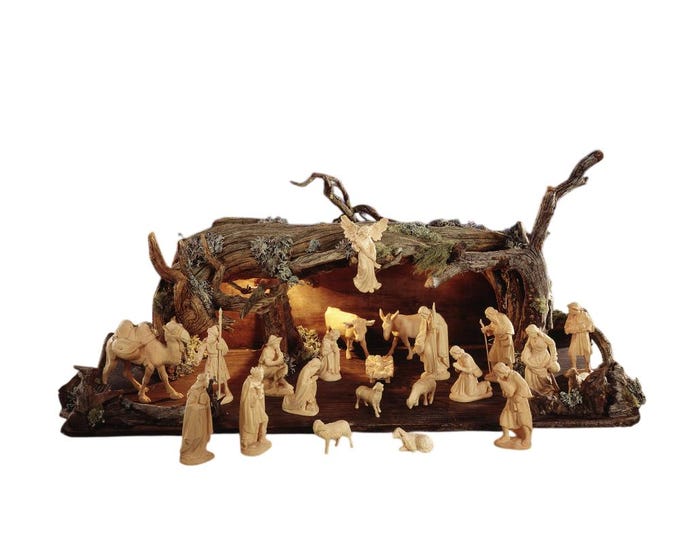 Nativity scene carved in Swiss pine wood from Val Gardena, 16 pieces with hut, Italian artisan production, various sizes available