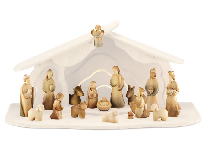 Complete nativity scene 16 pieces (without stable) carved in Valgardena wood, hand-decorated, various sizes, Italian handicraft production
