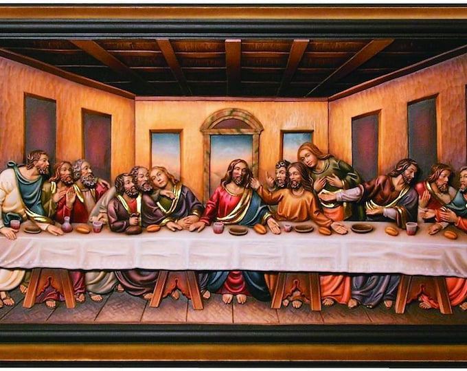 Bas-relief sculpture of the Last Supper, to hang, carved in wood of Valgardena decorated by hand of Italian artisan production