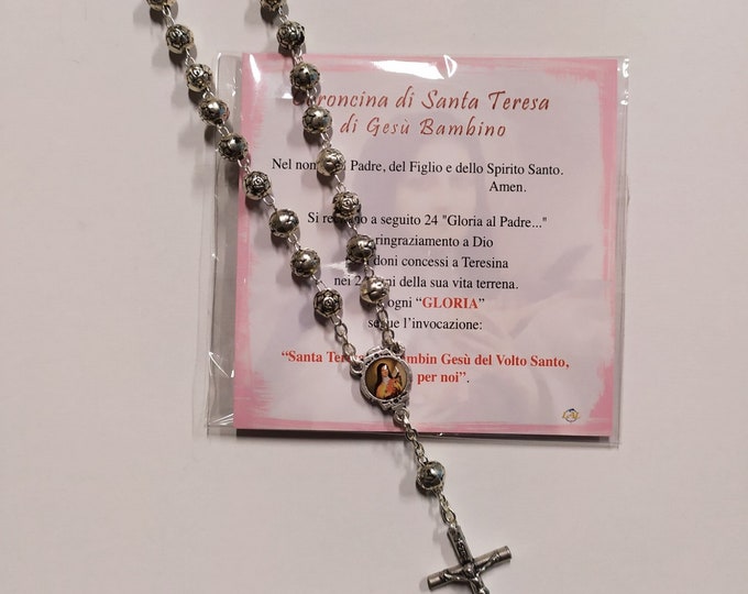 Rosary of Saint Teresa of the Child Jesus cm 21 (8.26 inches), rose beads with prayer and explanations, Italian artisan production