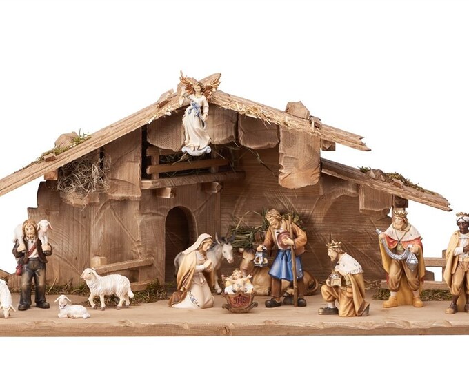 Nativity scene carved in Valgardena wood and decorated by hand, 15 pieces with hut, Italian artisan production