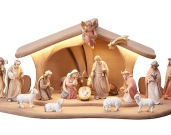 Complete nativity scene Ambiente Design 19 pieces, hut with led light, carved in hand-decorated Valgardena wood, handicraft production