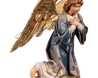 Kneeling angel sculpture, carved from Valgardena wood and decorated by hand, made in Italy, various sizes.