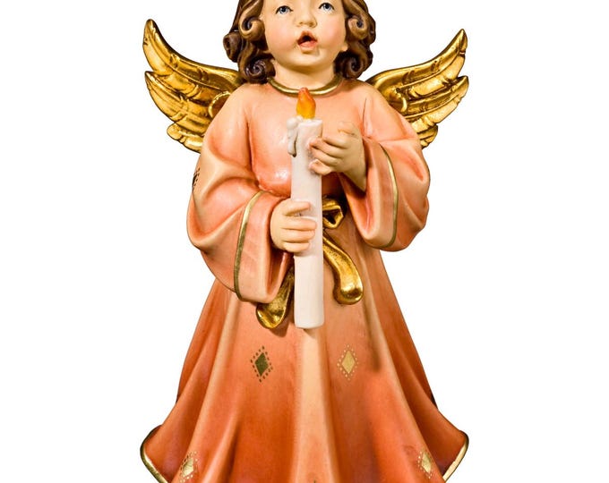 Angel Symphony sculpture, putto with candle, carved in Valgardena wood, various sizes, handcrafted in Italy