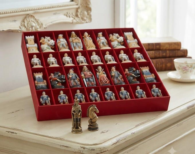 Medieval series chess sets, carved from Valgardena wood, hand-decorated, handcrafted in Italy, various sizes