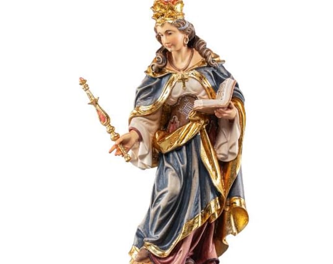 Sculpture of Saint Esther carved in Valgardena wood, hand-decorated and handcrafted in Italy.
