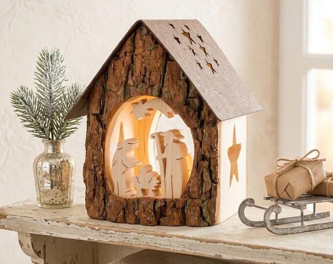 Candle holder house with nativity scene 14 cm (5.51 inches) carved in Valgardena wood, artistic carving, Italian artisan production