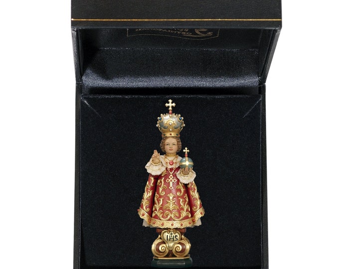 Statue of Baby Jesus of Prague with deluxe case carved in Valgardena wood and hand-decorated, of Italian artisan production