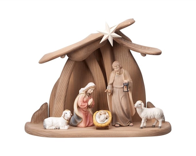 Complete Nativity scene Ambiente Design 7 pieces, carved in hand-decorated Valgardena wood, various sizes, Italian artisan production
