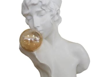 Classic Bubble Gum Girl sculpture with white marble base, 53 cm (20.86 inches) in white resin marble, handcrafted, made in Italy