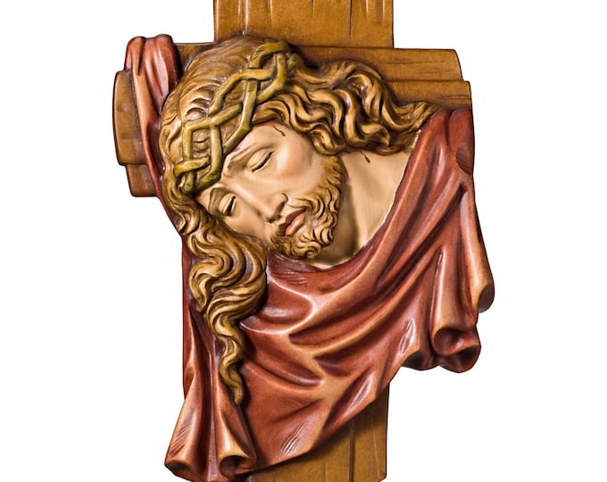 Scultura del volto di Gesù Cristo, scolpita in legno della Valgardena decorata a mano di produzione artigianale italiana varie misure