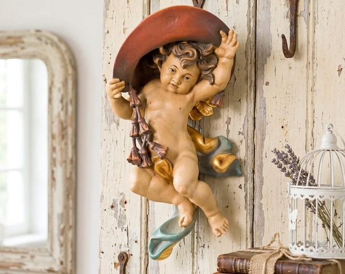Angel sculpture, cardinal cherub, carved in Valgardena wood and hand-decorated, handcrafted in Italy