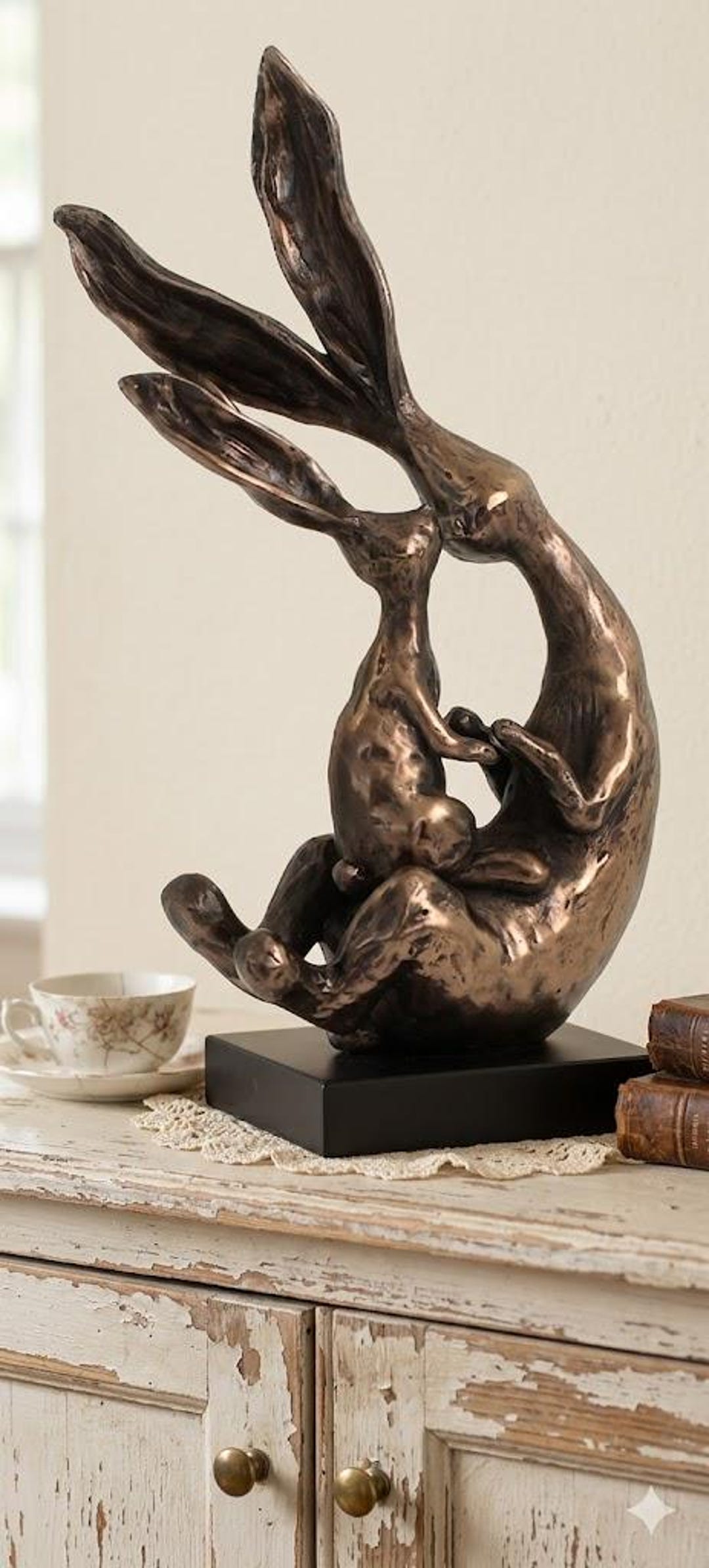 Classical Sculpture Rabbits on Cube, 19 Cm (7.48 Inches) in Bronzed ...