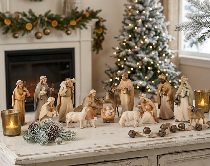 Complete 17-piece nativity scene (without stable) carved in Valgardena wood, hand-decorated, various sizes, Italian artisan production