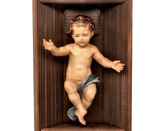 Sculpture statue of baby Jesus with cradle, carved in Val Gardena wood and hand decorated of Italian artisan production