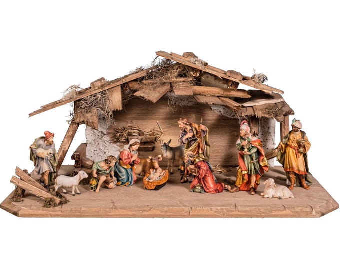 Complete nativity scene 14 pieces, carved in Valgardena wood and decorated by hand, 12 cm (4.72 inches) of Italian artisan production