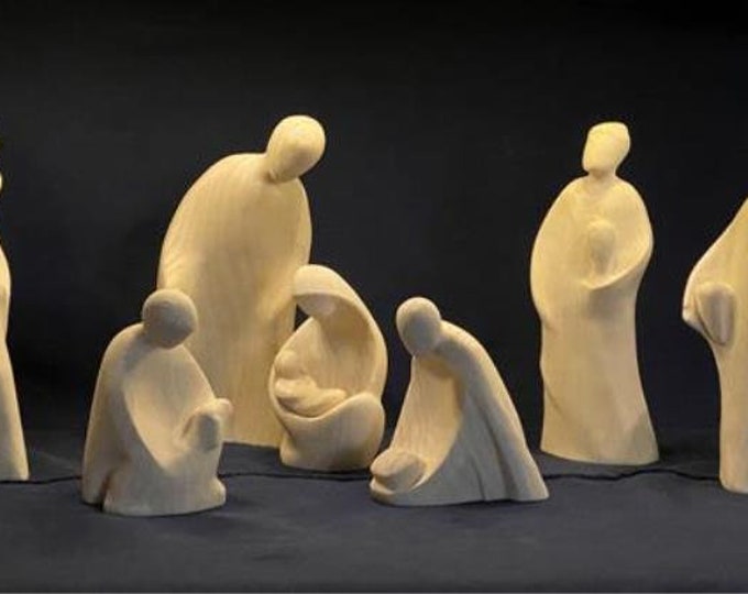 Nativity scene carved in Val Gardena wood, 8 pieces, Italian handicraft production