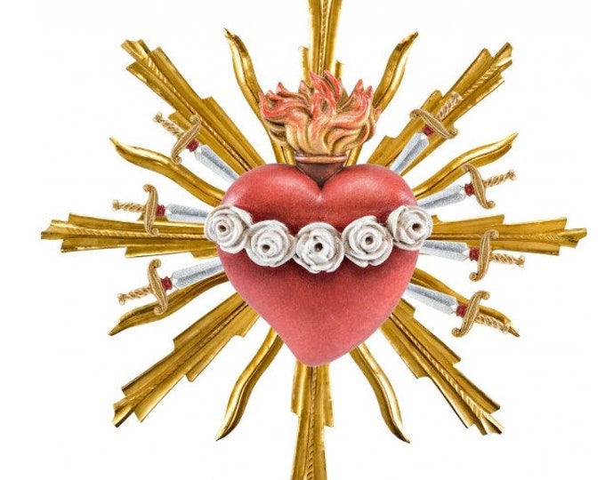 Sculpture of the Sacred Heart of Mary with 7 swords and halo, carved in Valgardena wood, hand decorated, Italian production