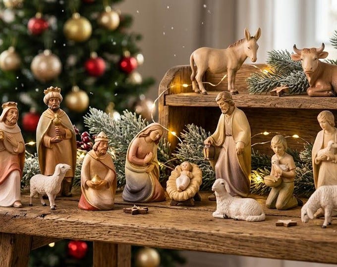 Complete 13-piece nativity scene carved from Valgardena wood, hand-decorated, various sizes, Italian artisan production