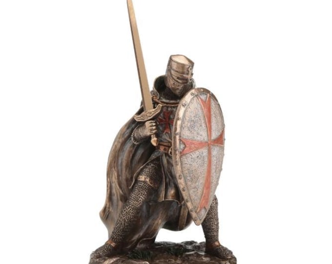 Classical sculpture of a medieval Templar knight in combat, 18 cm (7.08 inches) in bronzed resin marble, handcrafted, made in Italy
