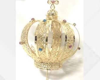 Gold plated brass statue crown, filigree workmanship with rhinestones, handcrafted, various diameters available