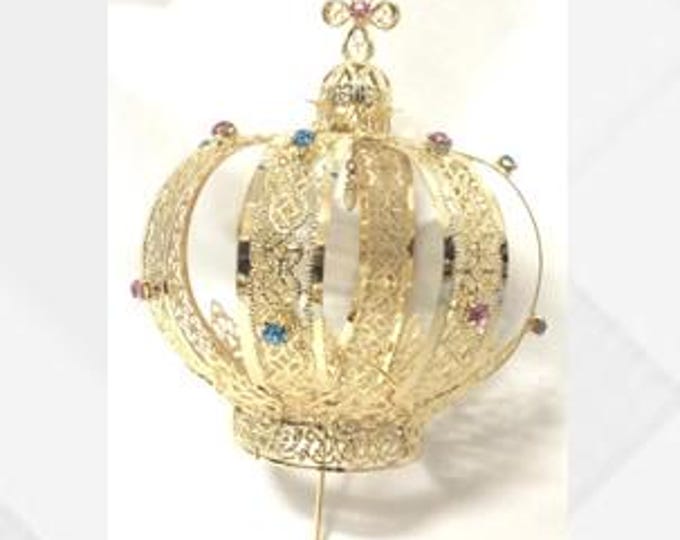 Gold plated brass statue crown, filigree workmanship with rhinestones, handcrafted, various diameters available
