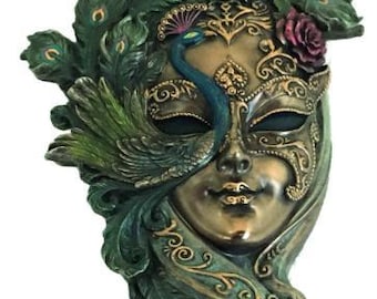 Venetian Peacock Mask, 34 cm (13.38 inches) in bronzed resin marble, handcrafted