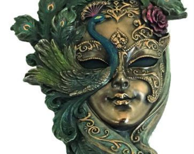 Venetian Peacock Mask, 34 cm (13.38 inches) in bronzed resin marble, handcrafted in Italy