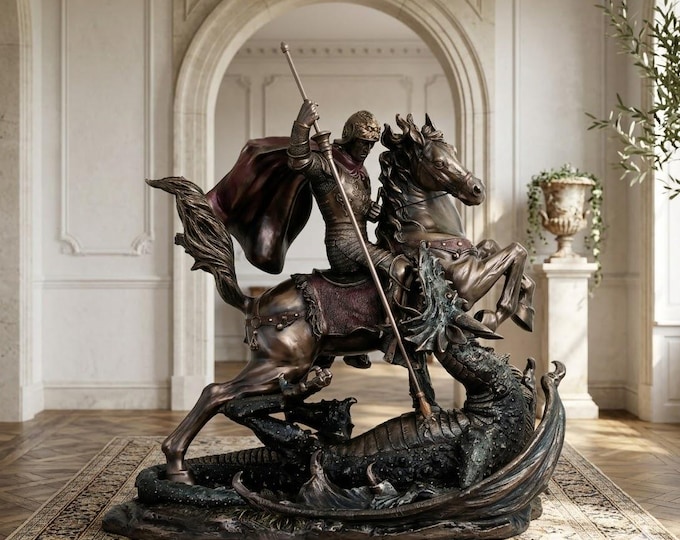 Sculpture of Saint George and the Dragon, 84 cm (33.07 inches) in bronzed resin marble, handcrafted in Italy