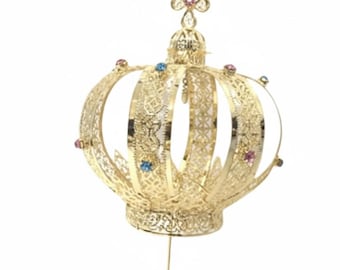 Gold-plated brass statue crown, filigree workmanship with rhinestones, handcrafted, various diameters available