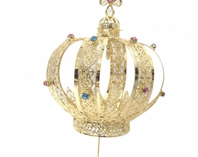 Gold-plated brass statue crown, filigree workmanship with rhinestones, handcrafted, various diameters available
