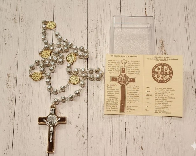 Rosary of Saint Benedict of Norcia, 45.5 cm, made of steel with rose-shaped beads, handcrafted in Italy.