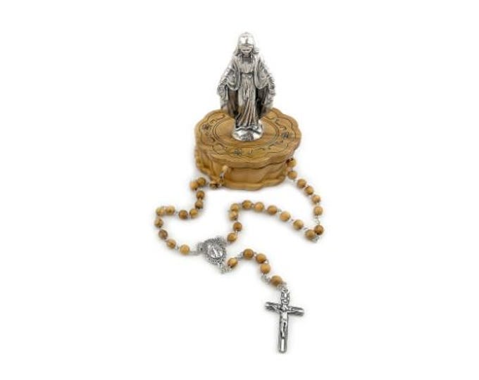 Rosary of the Miraculous Madonna, with a box made of national olive wood engraved with a metal statue, handcrafted in Italy