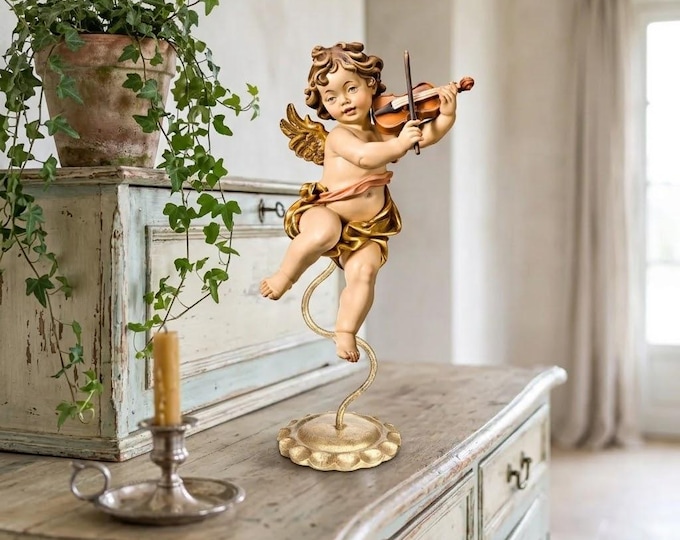 Angel sculpture, putto with violin on a pedestal, carved in Valgardena wood and hand-decorated, handcrafted in Italy