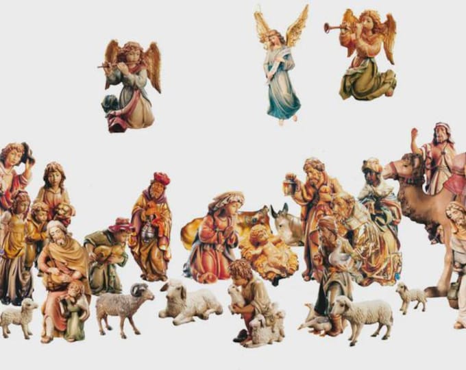 Complete nativity scene with 27 figurines, carved from Valgardena wood, various sizes available, handcrafted in Italy