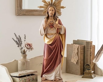 Sacred Heart of Jesus statue with halo, carved in Valgardena wood and hand-decorated, Italian artisan production
