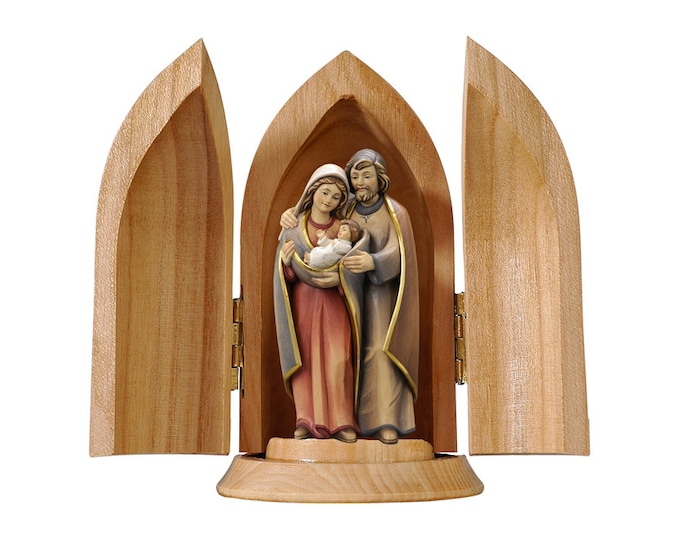 Statue of the Holy Family with niche, carved in wood of Valgardena decorated by hand of Italian production