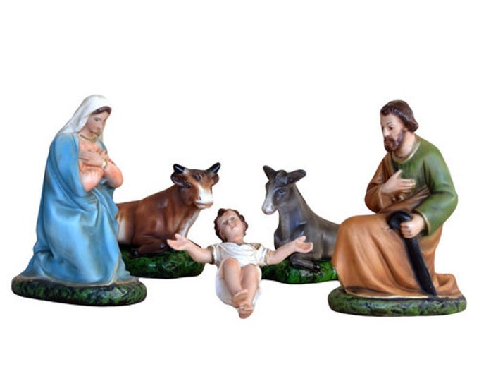 Complete nativity scene cm 20 (7,87 inches) composed of 5 pieces in hand-decorated resin of Italian artisan production