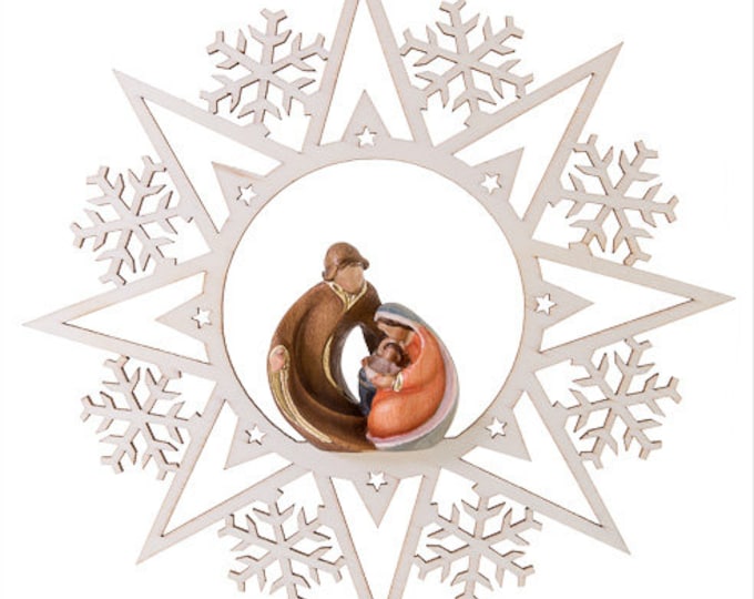 Hand-decorated nativity scene carved in Valgardena wood, Holy Family, on snowflake star, Italian artisanal production