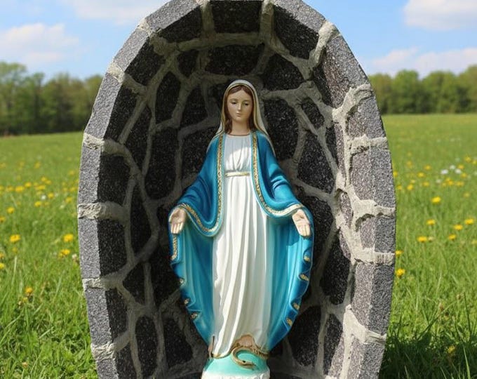 Porphyry grotto 41.5 x 29.5 cm with Miraculous Madonna 30 cm in marble resin handcrafted in Italy