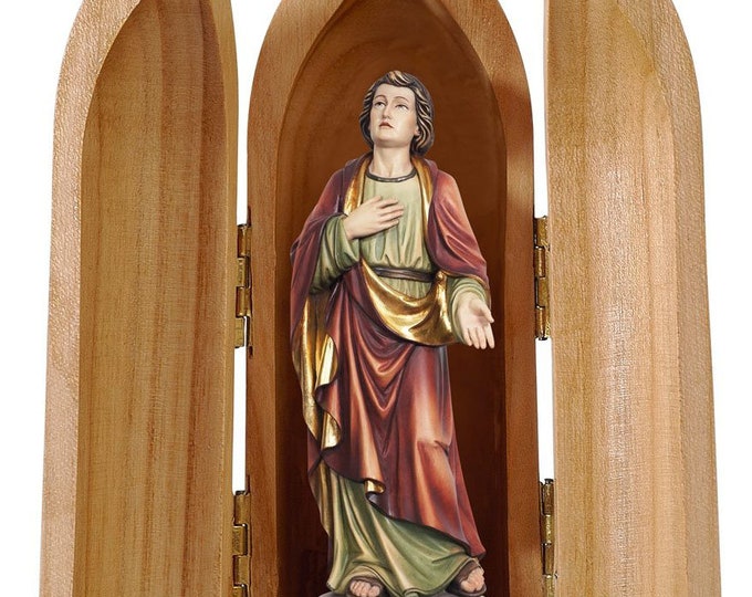 Statue of St. John under the cross with niche, carved in wood of Valgardena decorated by hand of Italian production
