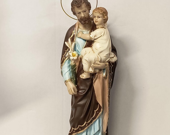 Statue of Saint Joseph cm 43 x 13 (16.92 x 5.11 inches) in hand-decorated resin, artisanal production for indoors and outdoors