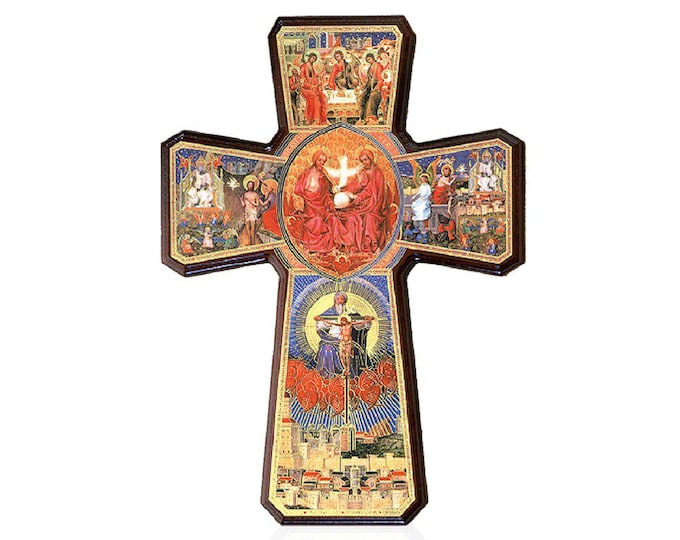 Wooden Trinity Cross Crucifix with glossy print, various sizes available, Italian artisan production