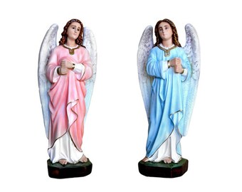 Pair of candlestick angels cm 65 (25,59 inches) in hand-decorated resin, painted eyes or glass, of Italian handcrafted production