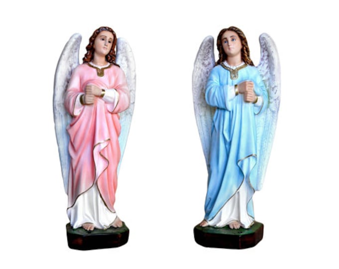 Pair of candlestick angels cm 65 (25,59 inches) in hand-decorated resin, painted eyes or glass, of Italian handcrafted production
