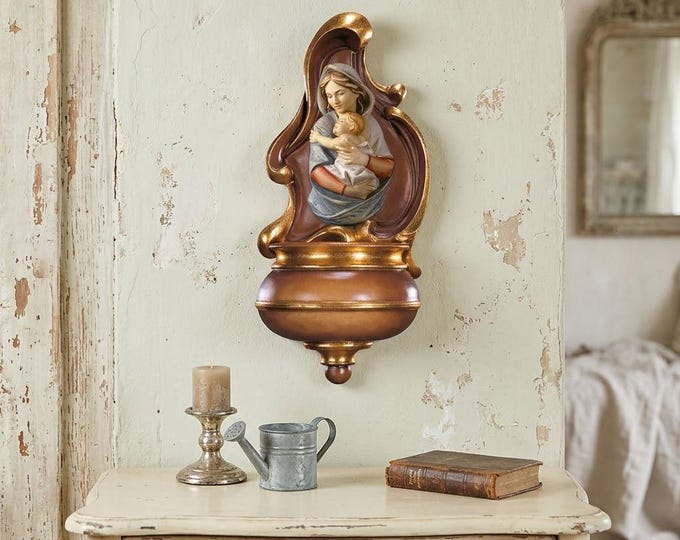 Holy water stoup with Madonna, carved in Valgardena wood, hand-decorated with oil colours and gold leaf, made in Italy