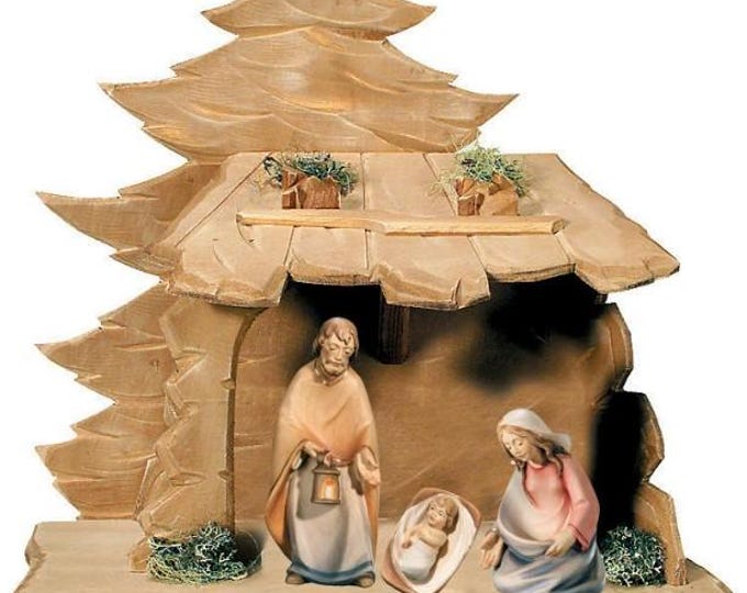 Nativity scene, Holy Family with hut, carved in Valgardena wood, various sizes available, Italian artisan production