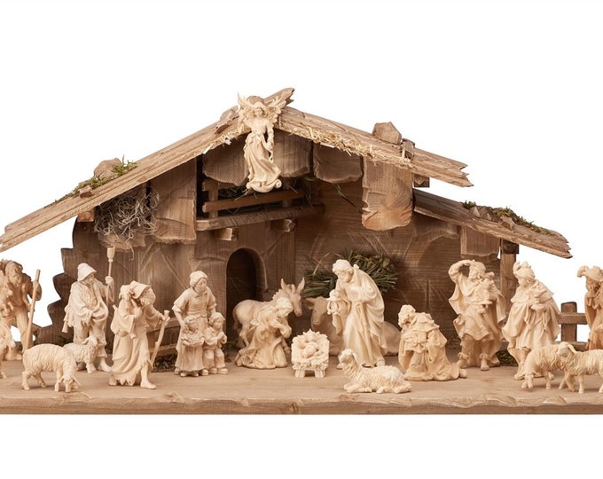 Alpine nativity scene carved in Valgardena pine wood, 21 pieces with hut, Italian artisan production